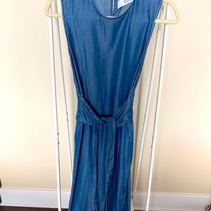 Zara Smocked Tie Waist Chambray Dress